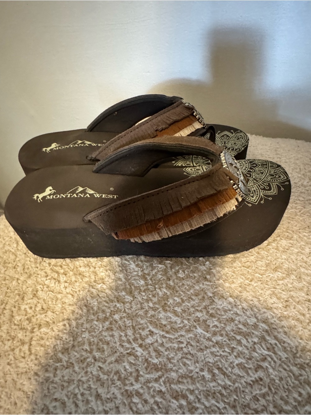 Montana West Brown and Tan Fringe Platform Flip Flops